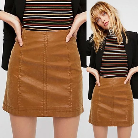 Free People Modern Femme Vegan Faux Leather Mini Skirt Camel Moroccan Spice 8 - Picture 3 of 10